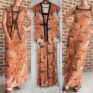 Vintage 80s burnt orange beige black zoo animal tribal maxi dress set medium